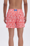 Red Swim Shorts with 'Le Bel Été' print, a stylish collaboration by Edith Carron.