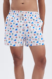 Beige Swim Shorts with 'La Plage' print, a stylish collaboration by Matías Larrain.