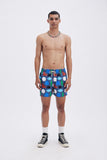 Blue Swim Shorts with 'Hellas' print, a stylish collaboration by Julie Safirstein.