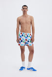 White Swim Shorts with 'Hellas' print, a stylish collaboration by Julie Safirstein.